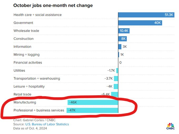 May be an image of text that says 'October jobs one-month net change Health care social assistance Government Wholesale trade Construction 51.3K Information 40K 10.4K Mining logging 8K Financial activities 3K Utilities 1K Transportation o warehousing Leisure 1.7K hospitality Retail trade -3.7K -4K Manufacturing -64K Professional -46K business services 47K Chart: Gabriel Cortes CNBC Source: U.S. Bureau of Labor Statistics Data as of Oct. 4, 2024 CNBC'