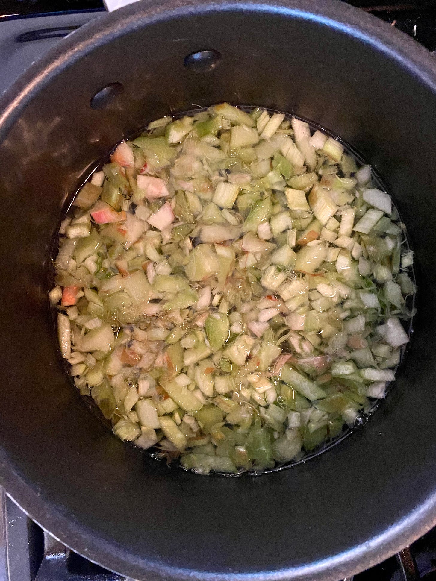 Chopped rhubarb boiling in saucepan