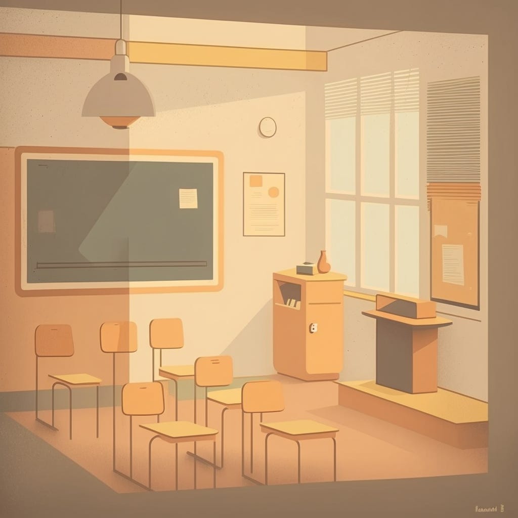 Local education classroom, 1970's minimalist illustration