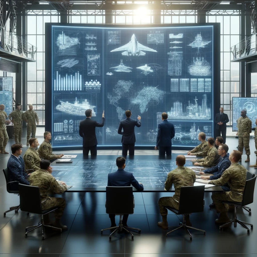 A group of defense officials in a modern, high-tech conference room. They are gathered around a large table with blueprints, digital screens, and holographic displays showing various military capabilities like advanced aircraft, tanks, and naval ships. Some officials are pointing at the displays, while others are discussing and taking notes. The room is filled with a sense of urgency and collaboration, with a large window in the background showcasing a futuristic cityscape and military base. The officials are dressed in formal military attire, representing different branches of the armed forces.
