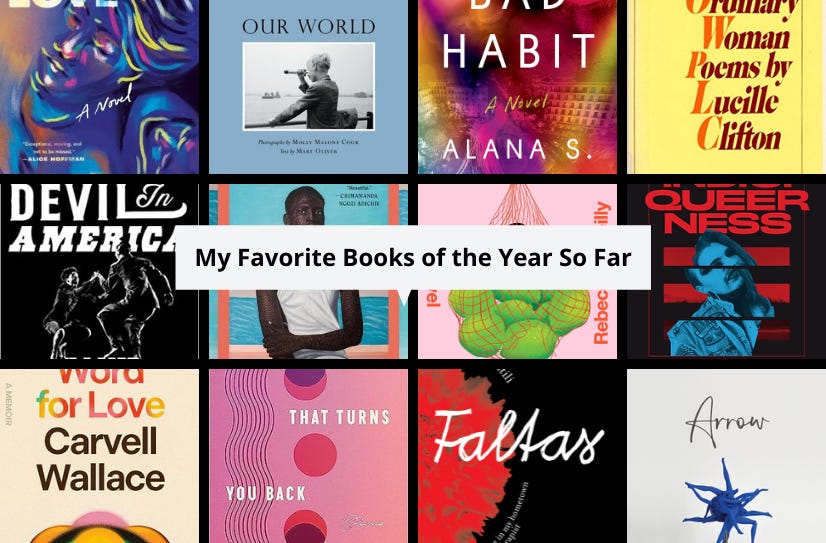 A grid of small images of 12 of the featured books. ‘My Favorite Books of the Year So Far appears in a white text box in the center.