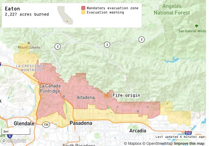 May be an image of map and text that says "Eaton 2,227 acres burned Mandatory evacuation zone Evacuation warning Angeles National Forest 스 Mount MountLuken Lukens 2 2 2 San Gabriel Wilde LA CRESCENTA- MONTROSE La Cañada Flintridge Altadena Fireorigi Fire origin Glendale 134 3mi rk mapbox Pasadena Arcadia Last updated 210 minutes ago © Mapbox © OpenStreetMap Improve this map"