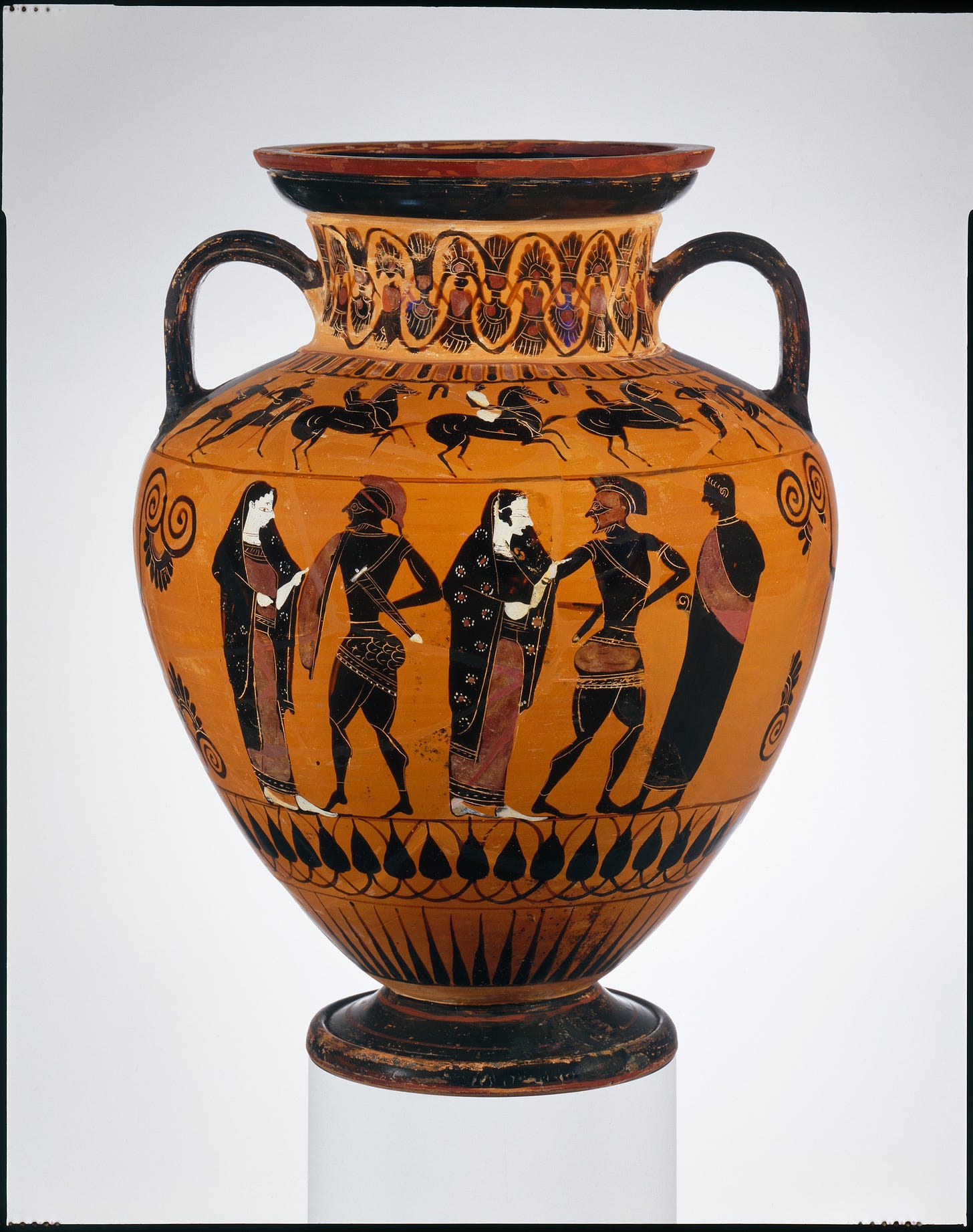 Full photograph of a black figure vase with Menelaos reclaiming Helen. She is not veiled.