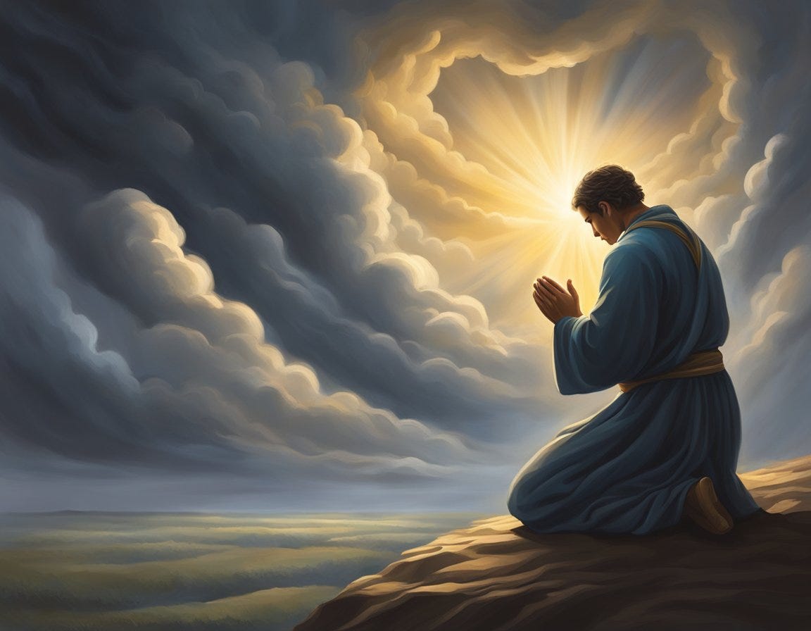 A lone figure kneels in prayer, surrounded by swirling dark clouds and radiant light, symbolizing the spiritual battle of prayer and fasting