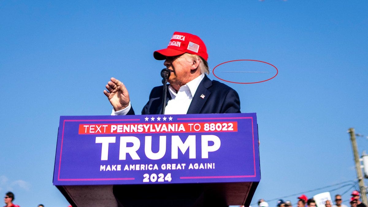 An annotated photo showing what appears to be a projectile passing by Donald J. Trump during a rally in Butler, Pa., on Saturday.