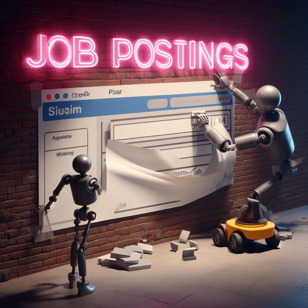 a robot is making a banner with the text "JOB Postings", a website is pasted on a wall half complete, robot is bringing pieces to complete the banner,cinematic,pixar,neon light