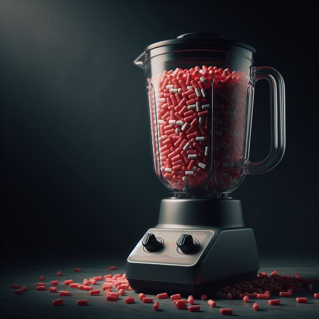 A blender filled with tiny red tic tacs in a darkened room