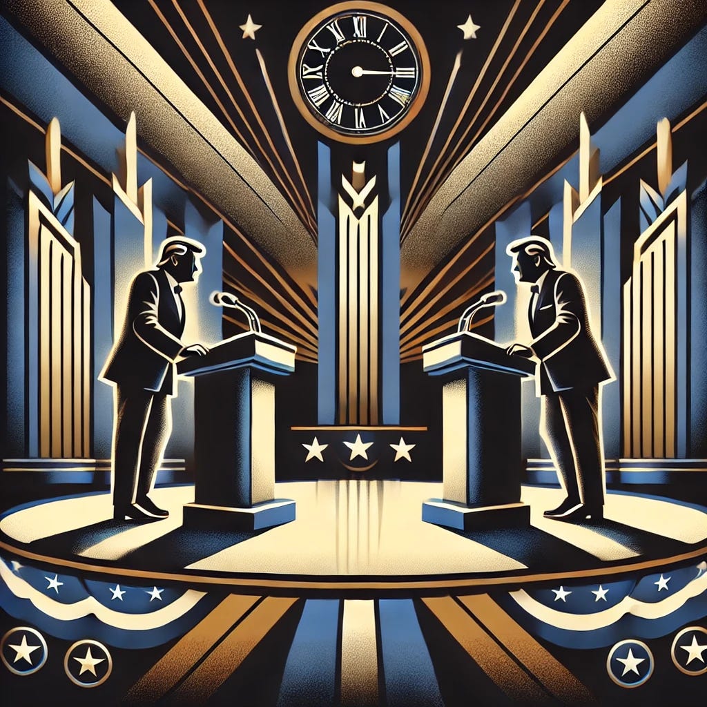 A realistic Art Deco-style illustration to accompany a political article, focusing on a dramatic presidential debate scene. In the foreground, two political candidates, facing each other at podiums, are locked in intense debate. The image uses the classic Art Deco aesthetic with sharp lines and geometric patterns, but the figures and setting are more lifelike. The background includes stylized microphones, a large clock representing the significance of time, and angular spotlights casting shadows over a grand stage. The colors should be bold, featuring deep blues, golds, and black to evoke seriousness and political drama.