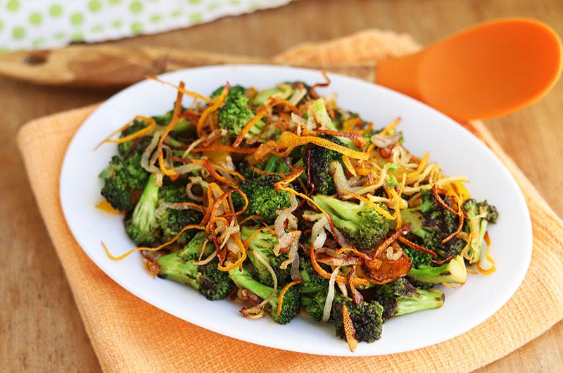 Stir-Fried Broccoli  and Peppers with Crispy Orange Peel, Ginger, and Shallots; Cook the Vineyard
