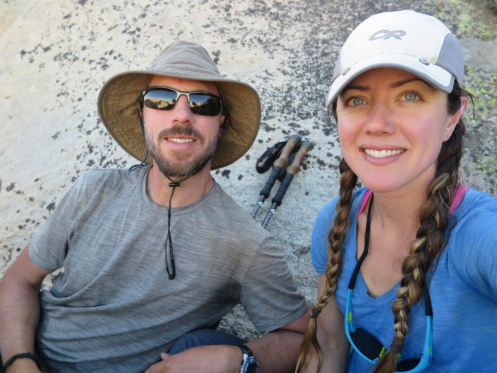 Taking a short break in the one spot of shade that we could find on Goat Flats. 