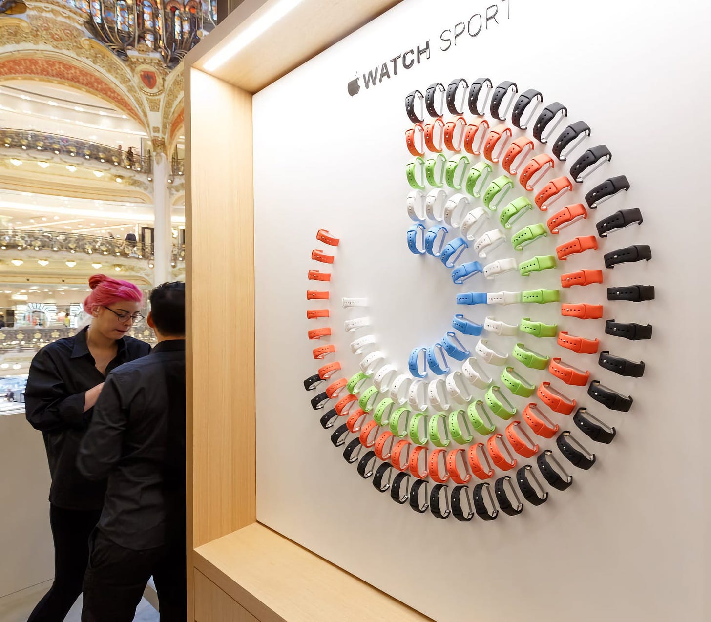 An early Avenue at Galeries Lafayette. Apple Watch Sport bands are arranged to mimic Activity rings.