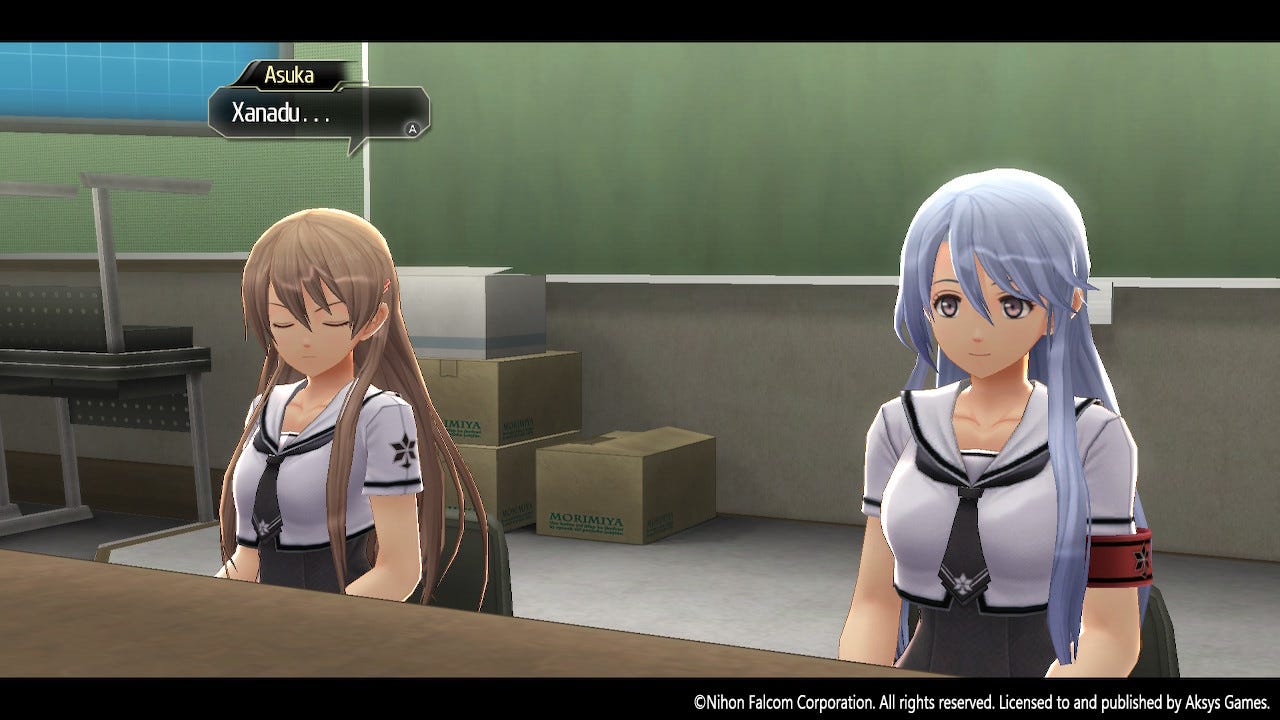 A screenshot from the Switch version of Tokyo Xanadu eX+, with Asuka saying "Xanadu" while sitting at a table next to Mitsuki.