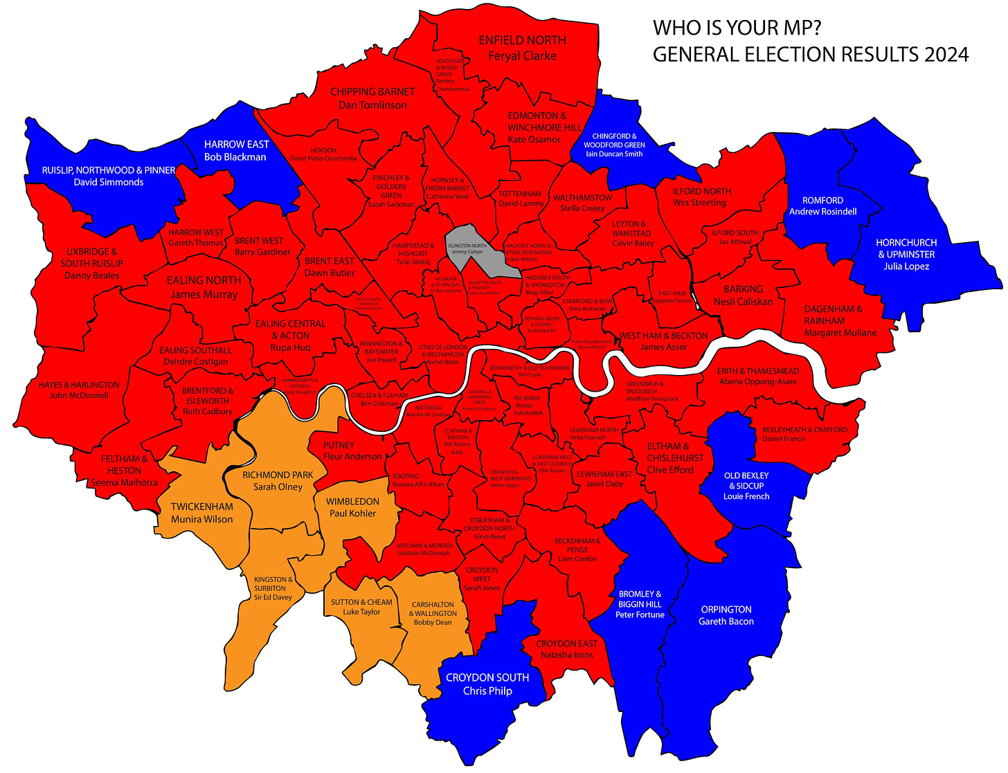 r/london - New colour of London after the 2024 general election 