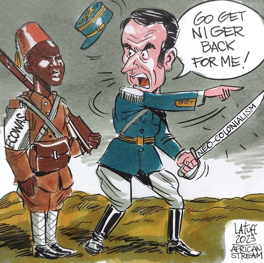 a political cartoon of Macron demanding ECOWAS attack Niger