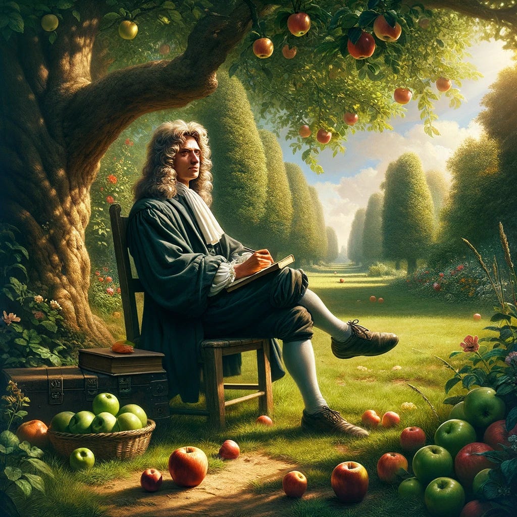 Isaac Newton sitting under an apple tree in a serene 17th-century English garden. Newton is depicted as a thoughtful figure, with a notebook in hand, observing an apple that has just fallen nearby. The setting is tranquil, with lush greenery and a peaceful atmosphere, symbolizing the moment that inspired his thoughts on gravity. He is dressed in typical 17th-century academic attire, reflecting the era's style. The background is a lush, tranquil garden that enhances the historical and inspirational nature of the scene.