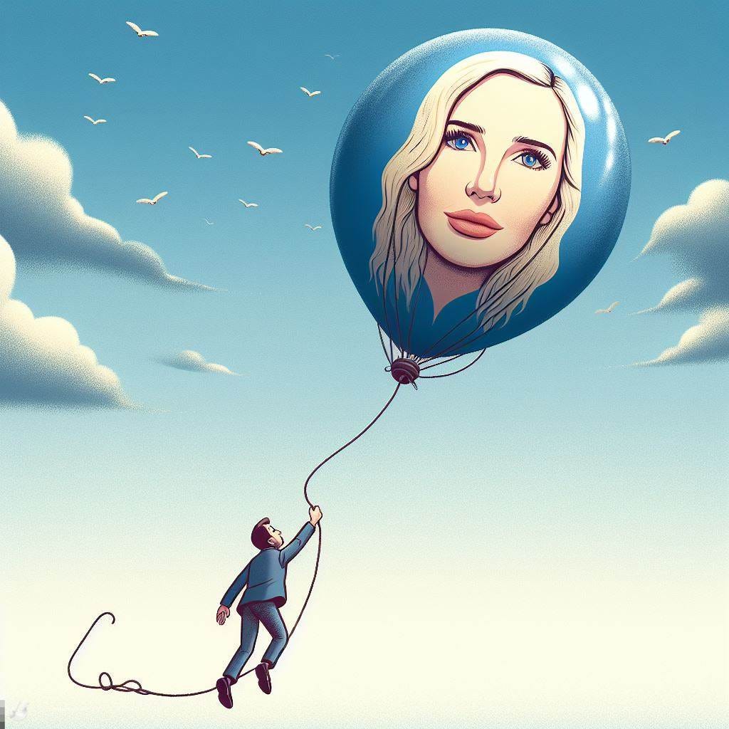 we're taking a worm's eye view of an ordinary person, clinging to the string of a balloon as it rises up in the air, and the balloon has the face of a female celebrity with blonde hair who sings "You Belong with Me" on it, in a modest and thought-provoking illustration style