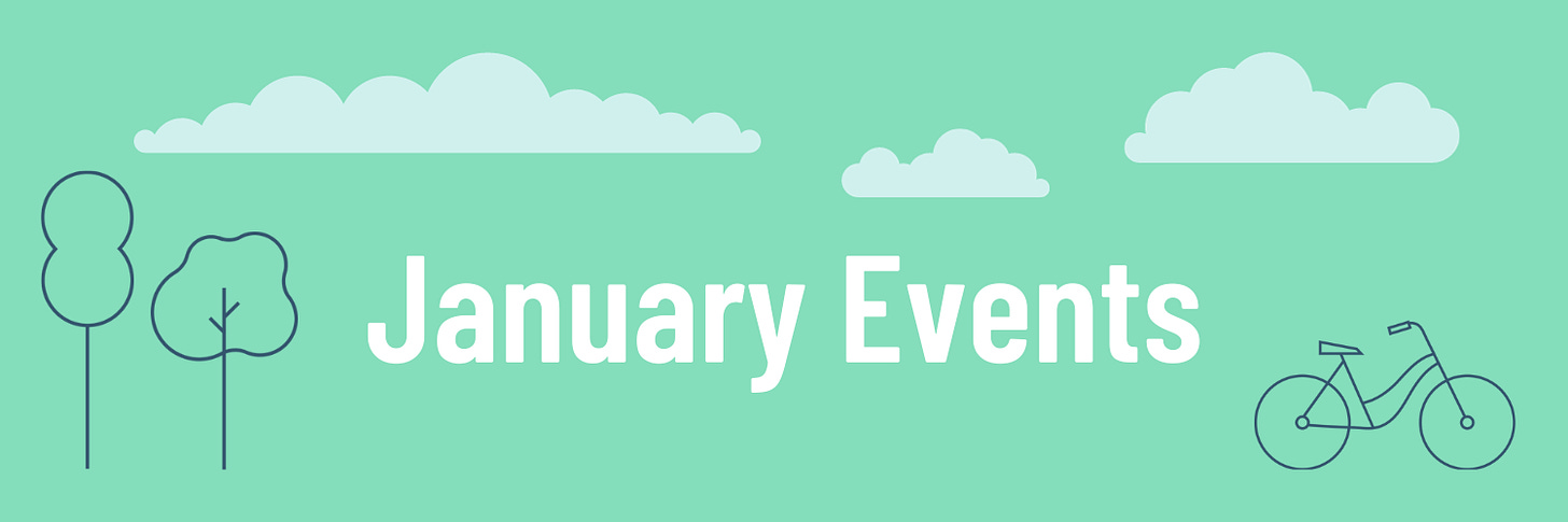 Image reads: January events. Image shows trees, a bicycle, and passing clouds.
