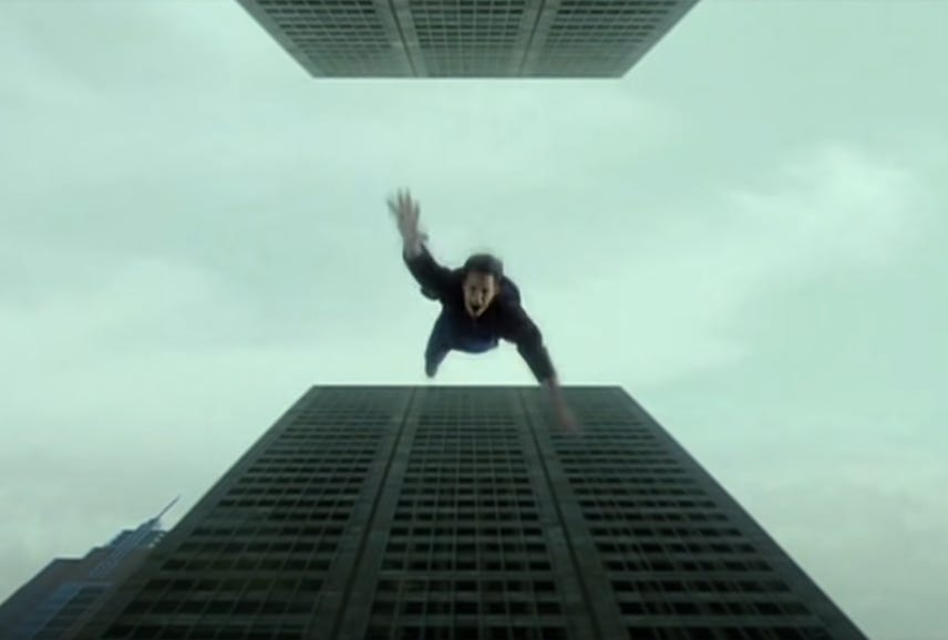 In The Matrix (1999), Neo fails his first attempt at the jump program  because he's not a gamer, and he doesn't know that you need to double-jump  to get across large gaps :