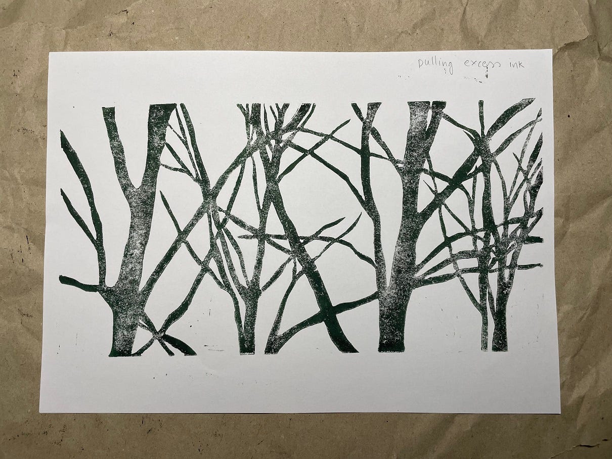 Photo of a linocut print of trees