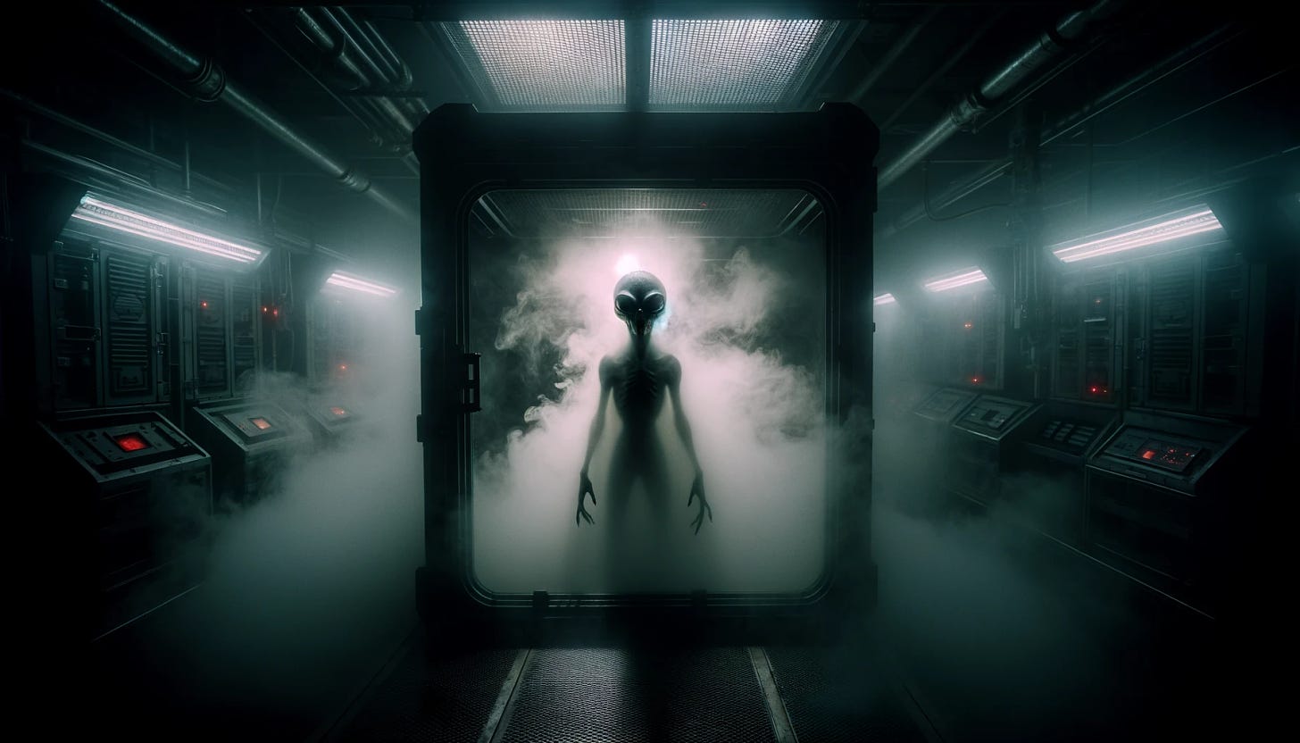 A chilling and suspenseful scene showing a creepy alien captured in a US government containment unit. The setting is a dimly lit, high-security cell, filled with a thick, mysterious gas that obscures the view. The alien being, eerie and barely visible, lurks in the shadows of the cell. Its outline and faint features can be glimpsed through the dense gas and thick bulletproof glass, which separates the viewer from the alien. The overall atmosphere is one of intrigue and fear, emphasizing the secretive and unsettling nature of the alien's presence in this secure facility.