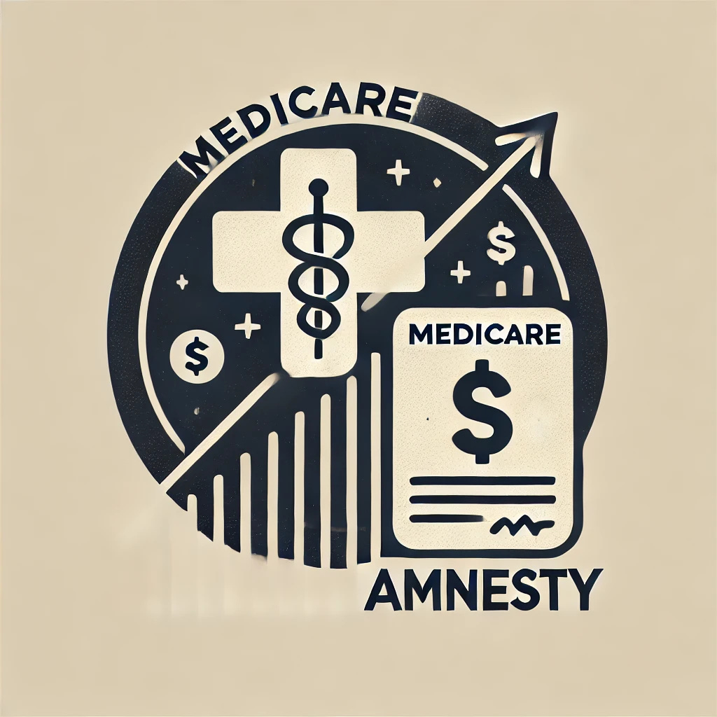 A minimalist graphic representing Medicare costs and amnesty. The image includes a medical cross with the word 'Medicare' in the upper right corner and a document symbol in the lower left to represent amnesty. A large dollar sign with an upward arrow is placed between the two, symbolizing the rising costs associated with both. The design is clean and simple, with a focus on the visual representation of these issues.