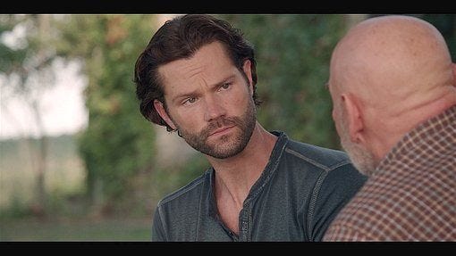 Jared Padalecki doing daddy talk with Mitch Pileggi on Walker.