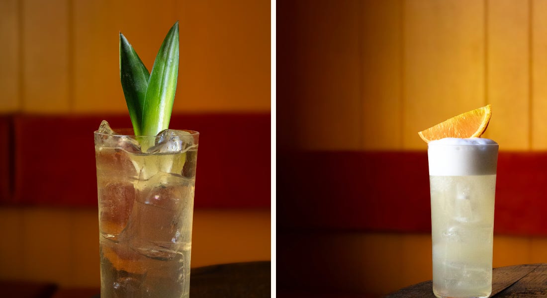 Two pictures of two cocktails in glasses with a yellow and red wooden backdrop in the background Two pictures of two cocktails in glasses with a yellow and red wooden backdrop in the background