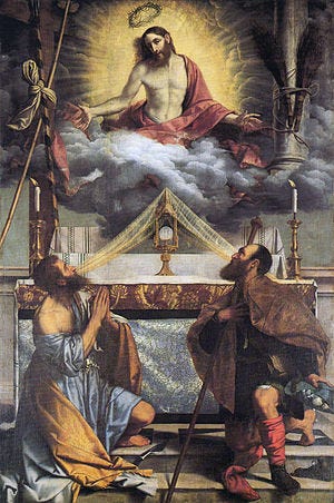 Christ with the Eucharist and Saints Bartholomew and Roch - Marcus B Peter