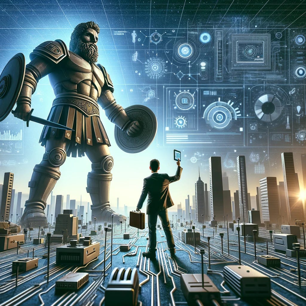 A conceptual digital art representation of the 'David vs Goliath' scenario in a technology context. The image features a metaphorical depiction of a small, innovative tech startup (David) represented by a young, determined entrepreneur with modern gadgets and tools, facing a large, towering corporate entity (Goliath) depicted as a massive, imposing building with traditional corporate symbols. The background includes elements of a digital battlefield, symbolizing competition and innovation in the tech industry, with a futuristic cityscape.