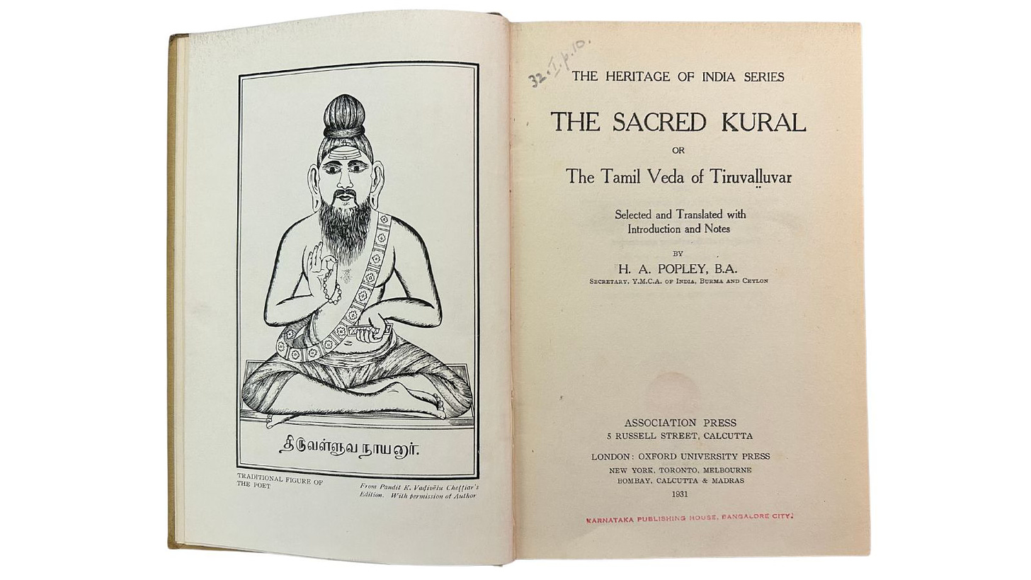 Book title page with imaginary image of Tiruvalluvar. Title of book The Sacred Kural.