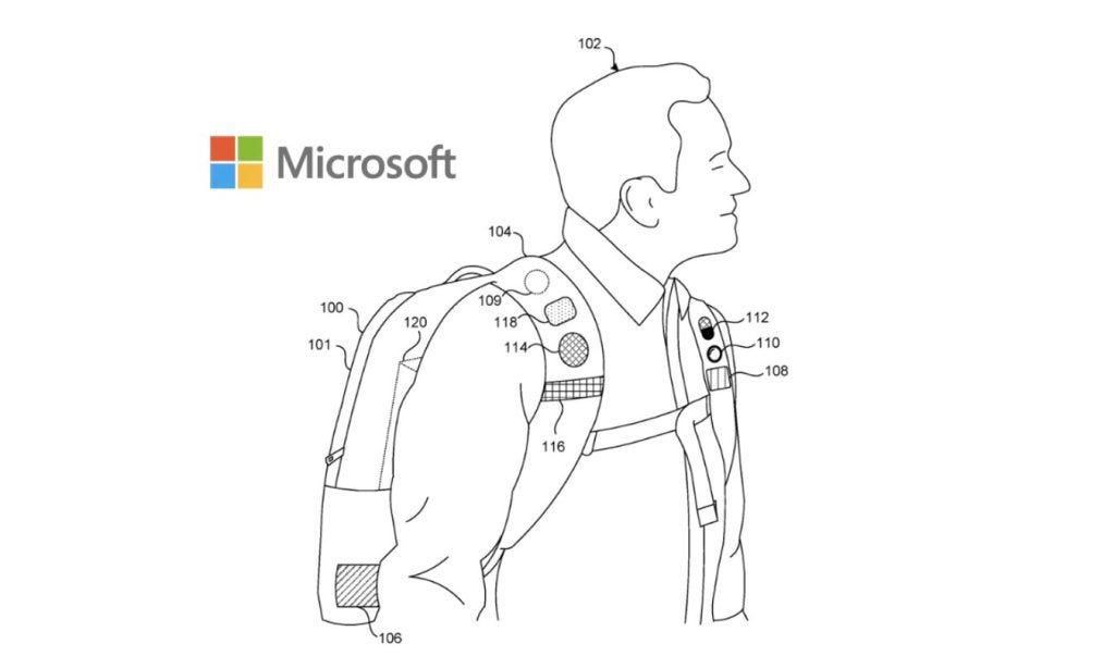 Desenho de um homem usando uma mochila com algumas sinalizacoes com o logo da microsoft do lado
