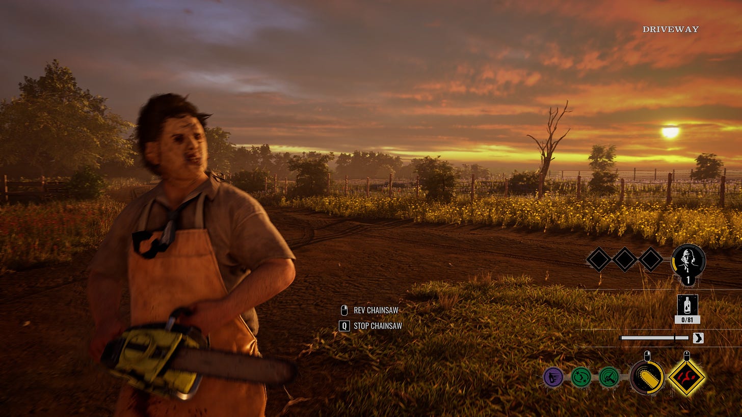 A screenshot of the game The Texas Chainsaw Massacre showing the character Leatherface with the titular mask and chainsaw next to a sunset blood sky over the fields of the farm.