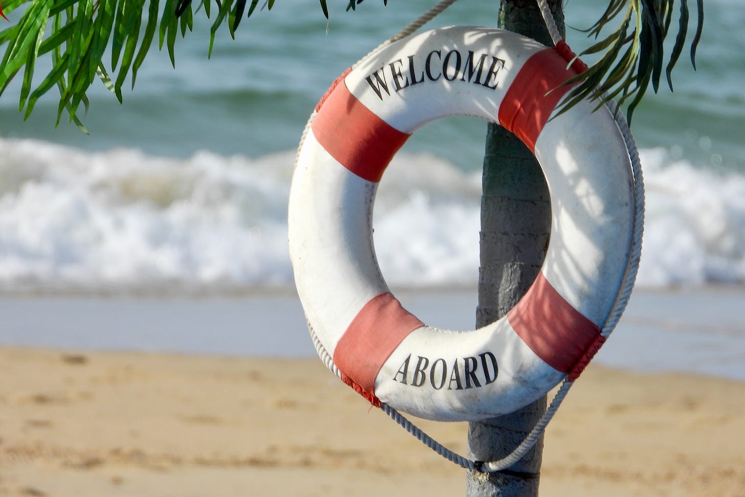 Salvagente con scritta WELCOME ABOARD legato al tronco di un alberto su una spiaggia, con il mare sullo sfondo.