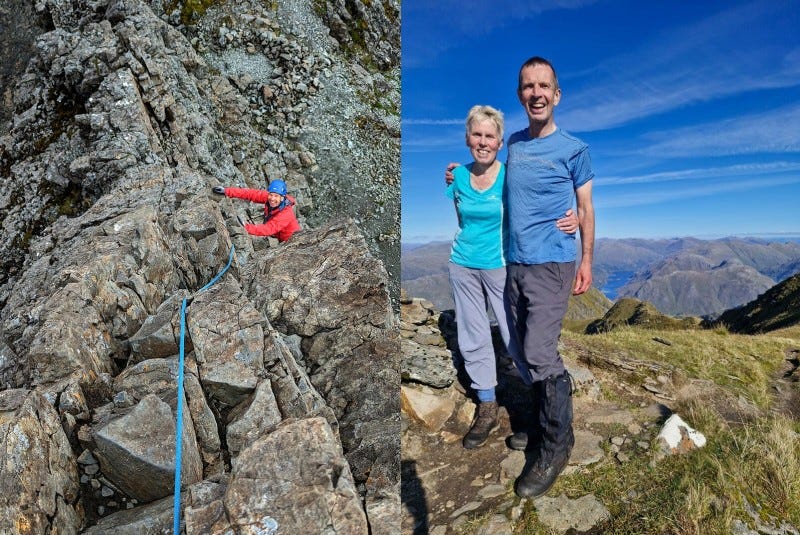 A collage of two photos. The left shows a man in a red jacket and blue helmet climbing up steep rocky steps attached to a rope. The right shows the same man, this time in a blue shirt, smiling and holding a female companion on a mountain summit. They are both smiling at the camera and there are many mountains visible in the background. A collage of two photos. The left shows a man in a red jacket and blue helmet climbing up steep rocky steps attached to a rope. The right shows the same man, this time in a blue shirt, smiling and holding a female companion on a mountain summit. They are both smiling at the camera and there are many mountains visible in the background.