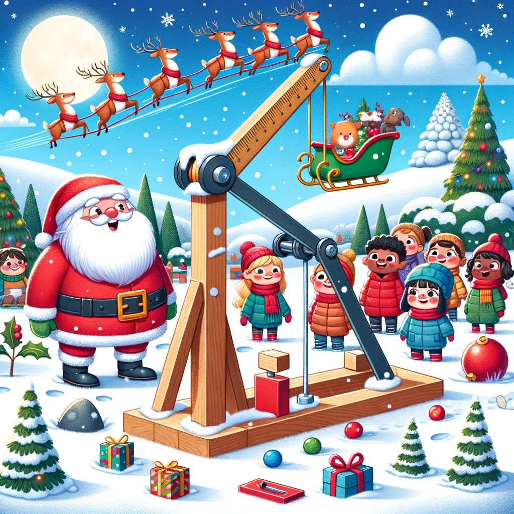 A colorful cartoon illustration for a physics challenge themed around Santa's sleigh. The scene includes a whimsical, snowy landscape with Santa Claus standing next to a simple lever mechanism, which is made of a sturdy ruler and a small block acting as the fulcrum. A small toy sleigh is placed on one end of the lever. Children of diverse descents are gathered around, excitedly watching and helping, wearing winter clothes. The background shows a sky with flying reindeers, a decorated Christmas tree, and a snowy ground covered with footprints. The illustration has a playful and festive atmosphere, capturing the essence of a fun and educational Christmas-themed physics experiment.