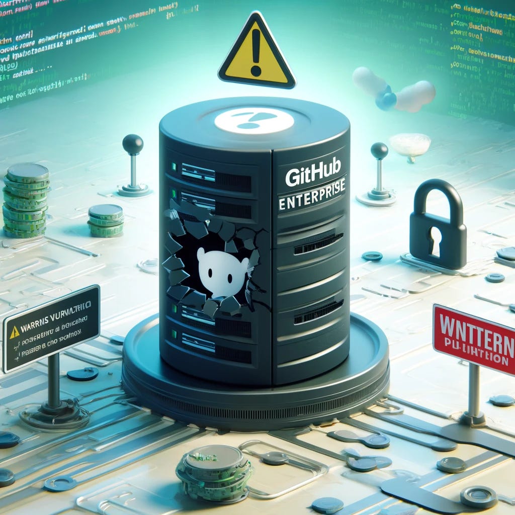 A 3D representation of a GitHub Enterprise Server with a large, noticeable crack symbolizing a security vulnerability. The server is surrounded by a digital landscape with warning signs and exclamation marks floating around it. In the background, there are elements representing code and a lock that appears to be broken or bypassed. The overall scene should convey a sense of urgency and concern over the security breach.