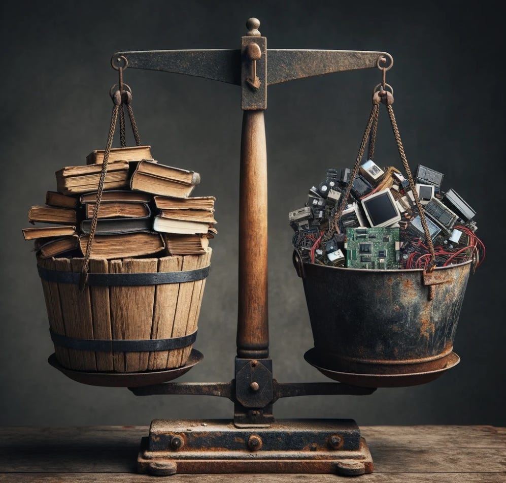 An old scale balancing a wooden bucket with books and a metal bucket with random computer parts.