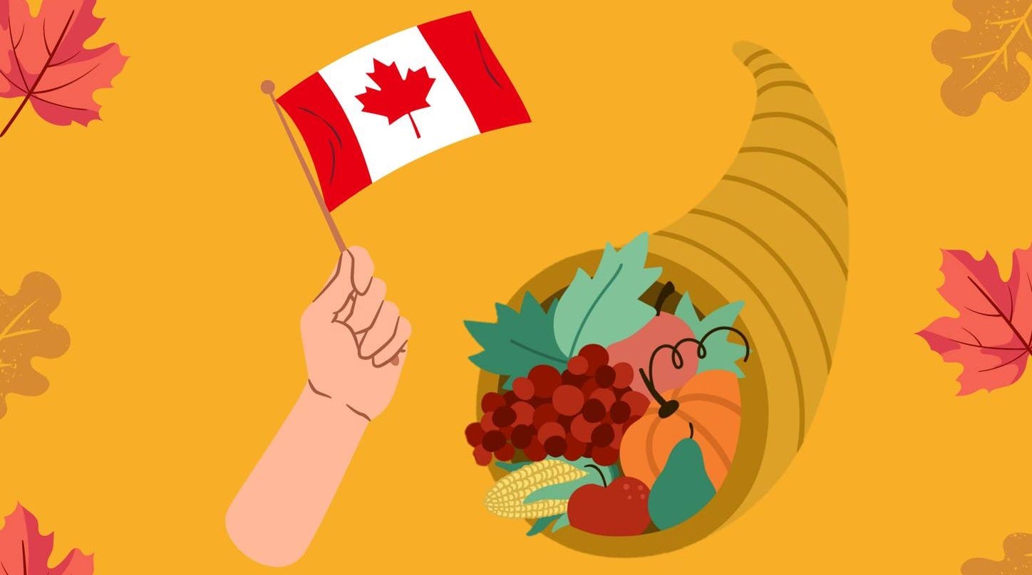 illustration of a hand holding a canadian flag, a cornucopia full of fruit and veg plus some maple leaves on a mustard yellow background