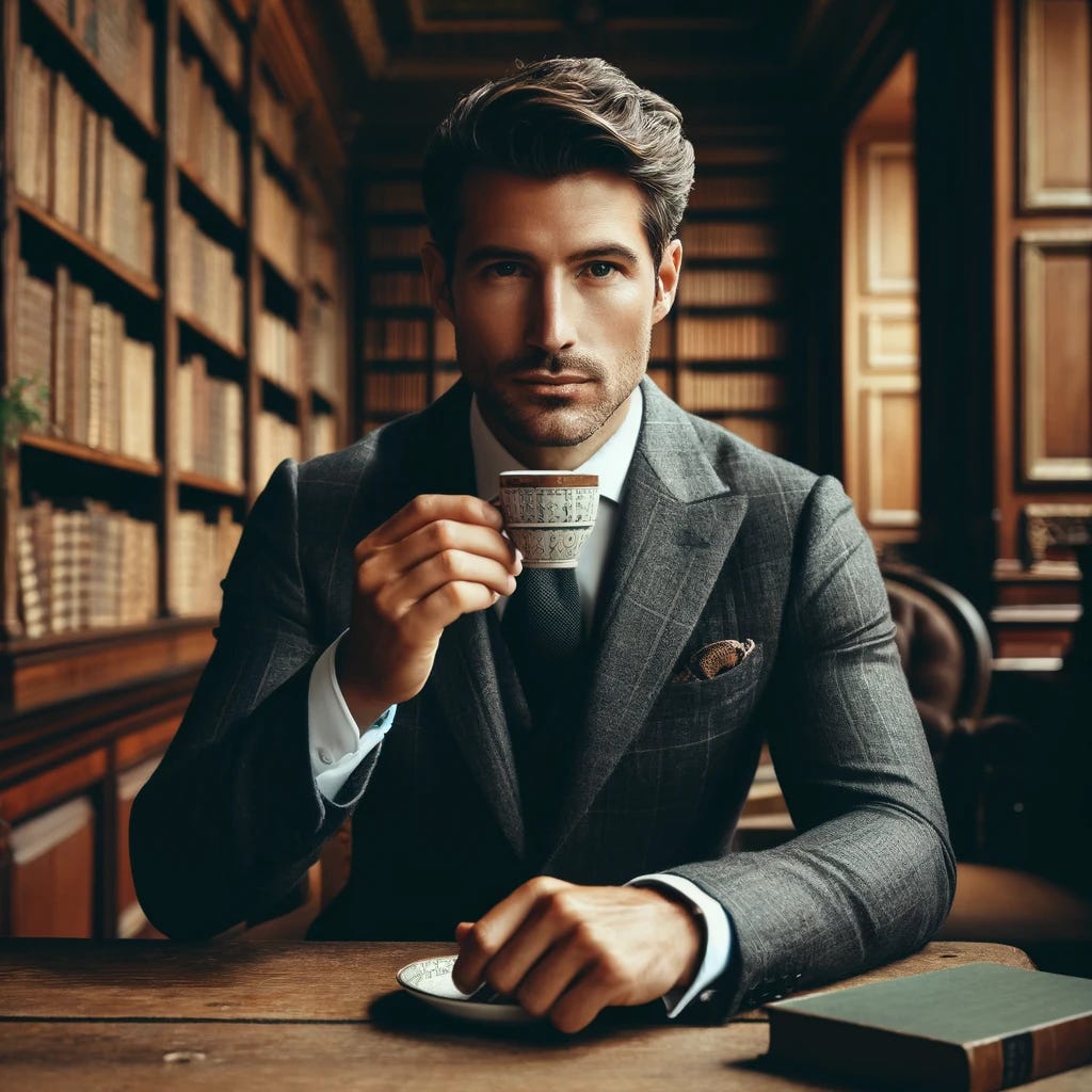 A sophisticated gentleman in his 30s sitting at a wooden table in a classic library, sipping espresso from a small, elegant cup. He is dressed in a modern tweed suit with a tie, his hair neatly styled. The library is filled with towering wooden bookshelves filled with various old books. Soft light filters through a large window, casting a warm glow over the scene.