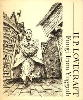 A cream and black front cover to the poem with an image of a wild-eyed man walking down a street of crooked houses.