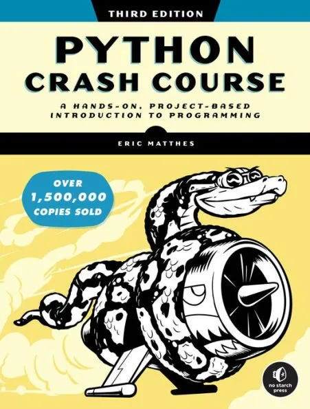 Cover of Python Crash Course, showing a Python on a jet engine.