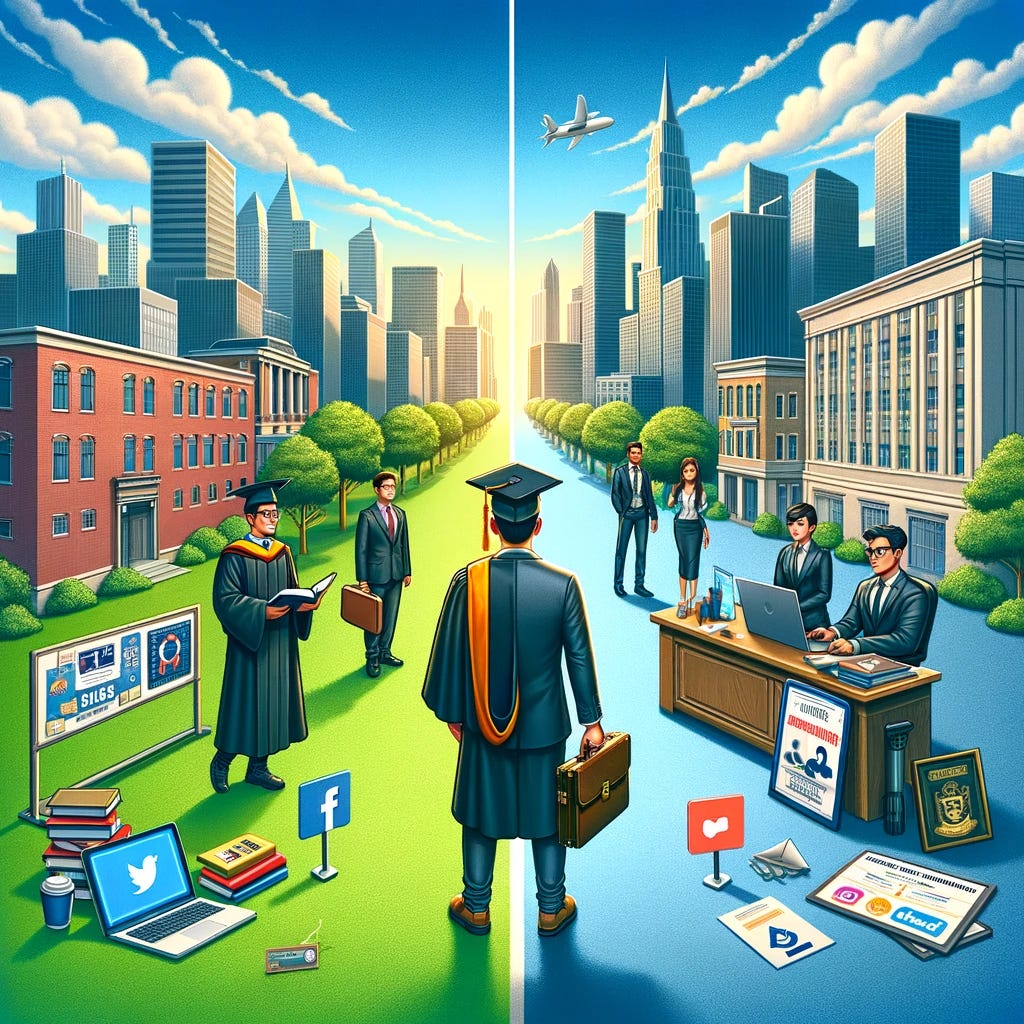 Visualize the journey from being a student to becoming a professional in a more explicit manner. The image should feature a character on the left dressed in graduation attire, holding textbooks and a laptop displaying a social media logo, symbolizing their involvement in student communities. The ground beneath them should be a vibrant collegiate green. A clear boundary or line separates this side from the right, where another character, dressed in formal business attire, holds a briefcase and stands next to symbols of professional achievement such as a high-rise office building, a networking event poster, and a certificate of professional certification. The ground on this side transitions to a corporate blue, indicating a shift into the professional realm. Above, a contrasting skyline transitions from a university campus with academic buildings to a bustling city filled with skyscrapers, distinctly marking the progression from student life to professional career.