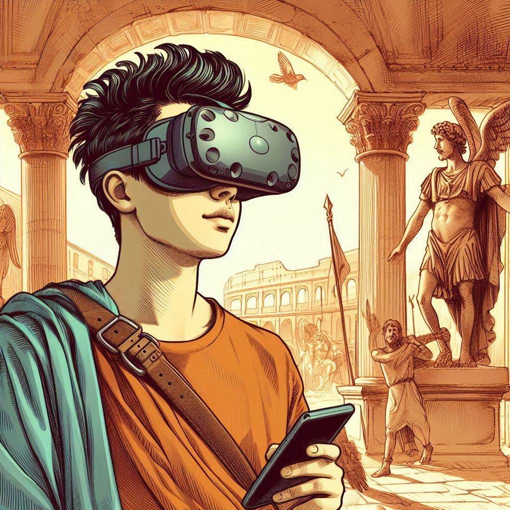 latino teenage boy in VR in ancient rome, solarpunk drawinf