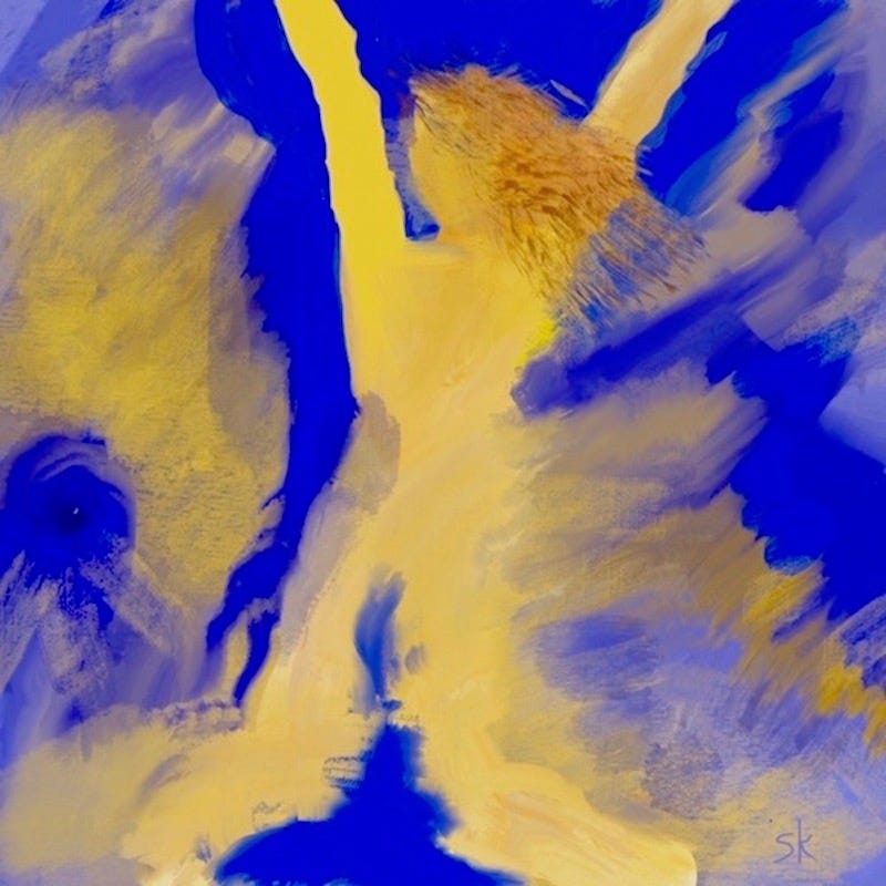Abstract painting by Sherry Killam Arts featuring interaction between yellows against a royal blue background suggesting a joyful feminie form.