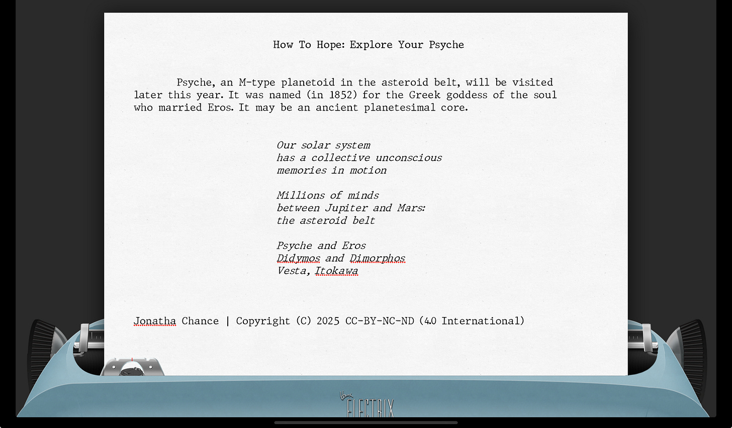17 sounds by Jonatha Chance rendered upon the Hanx Electrix virtual typewriter.