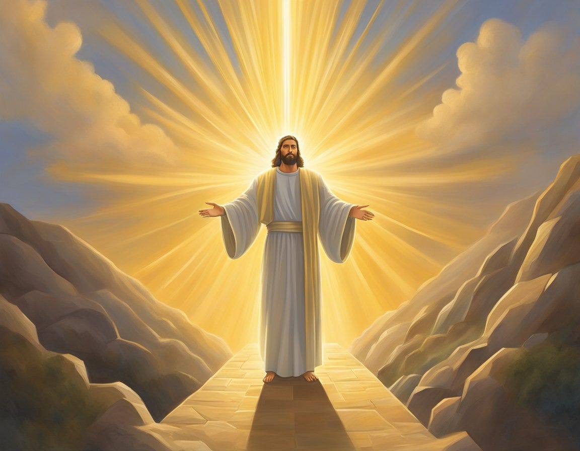 A radiant, golden light emanates from a figure, symbolizing the atonement's transformative power for believers. Rays extend outward, representing the far-reaching implications of Jesus' accomplishment