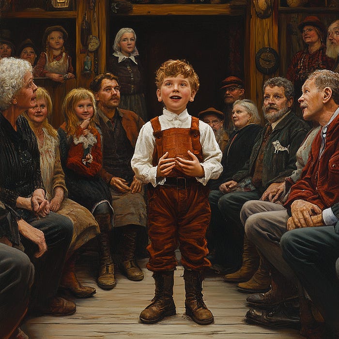 An audience of adults sitting down, enraptured, listening to a child speak while standing