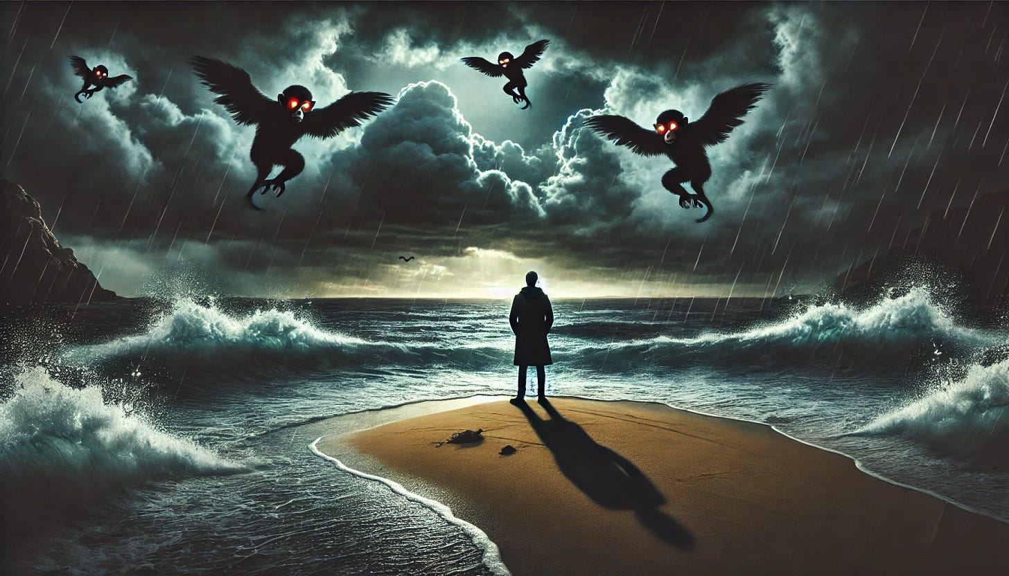 A dramatic and emotional digital painting of a lone figure standing on a deserted island, looking out at stormy seas. In the sky, shadowy flying monkeys with glowing eyes swoop through dark clouds, symbolizing manipulation and betrayal. The atmosphere is moody and intense, with a sense of isolation and struggle. The composition should evoke feelings of loneliness, resilience, and the fight against unseen forces.