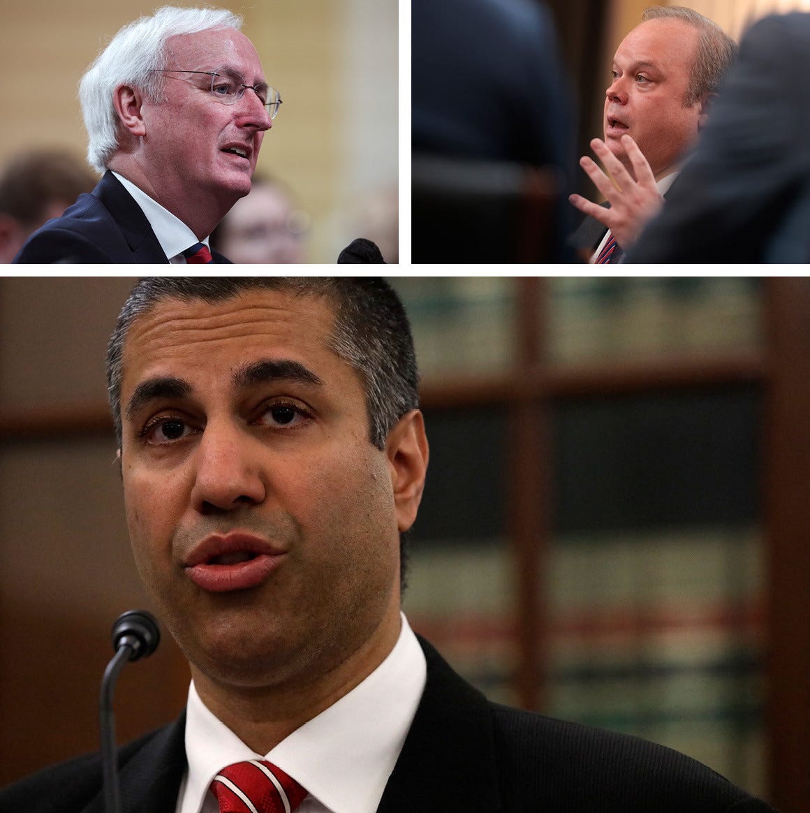 A photo collage showing recent additions to AEI: the former acting Attorney General Jeffrey Rosen, Chris Stirewalt, the Fox News analyst who infuriated Trump by calling Arizona for Joe Biden and former FCC chair Ajit Pai. 