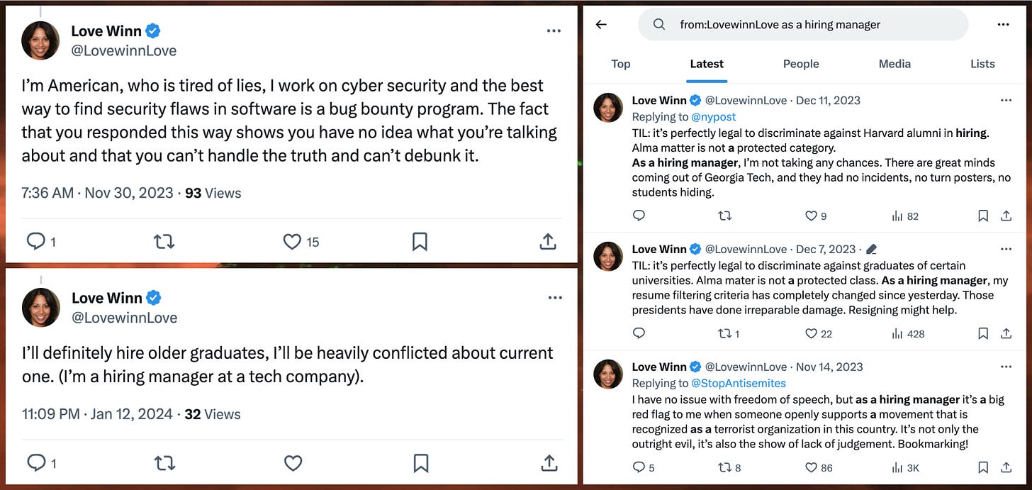 collage of @LovewinnLove claiming to be a hiring manager who will no longer hire Harvard graduates, and a @LovewinnLove post claiming to be a cybersecurity professional